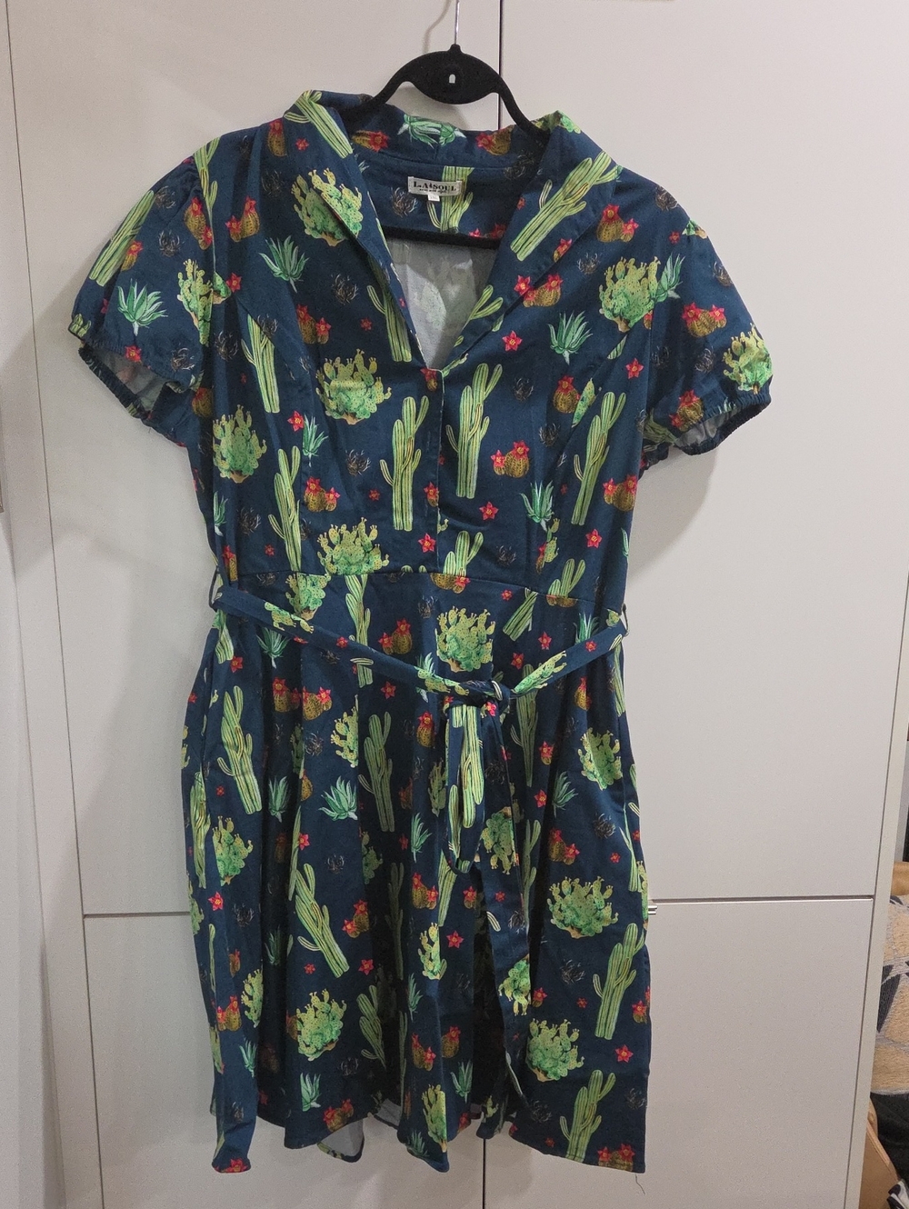 Navy Cactus-Print Midi Dress with Self-Tie Belt